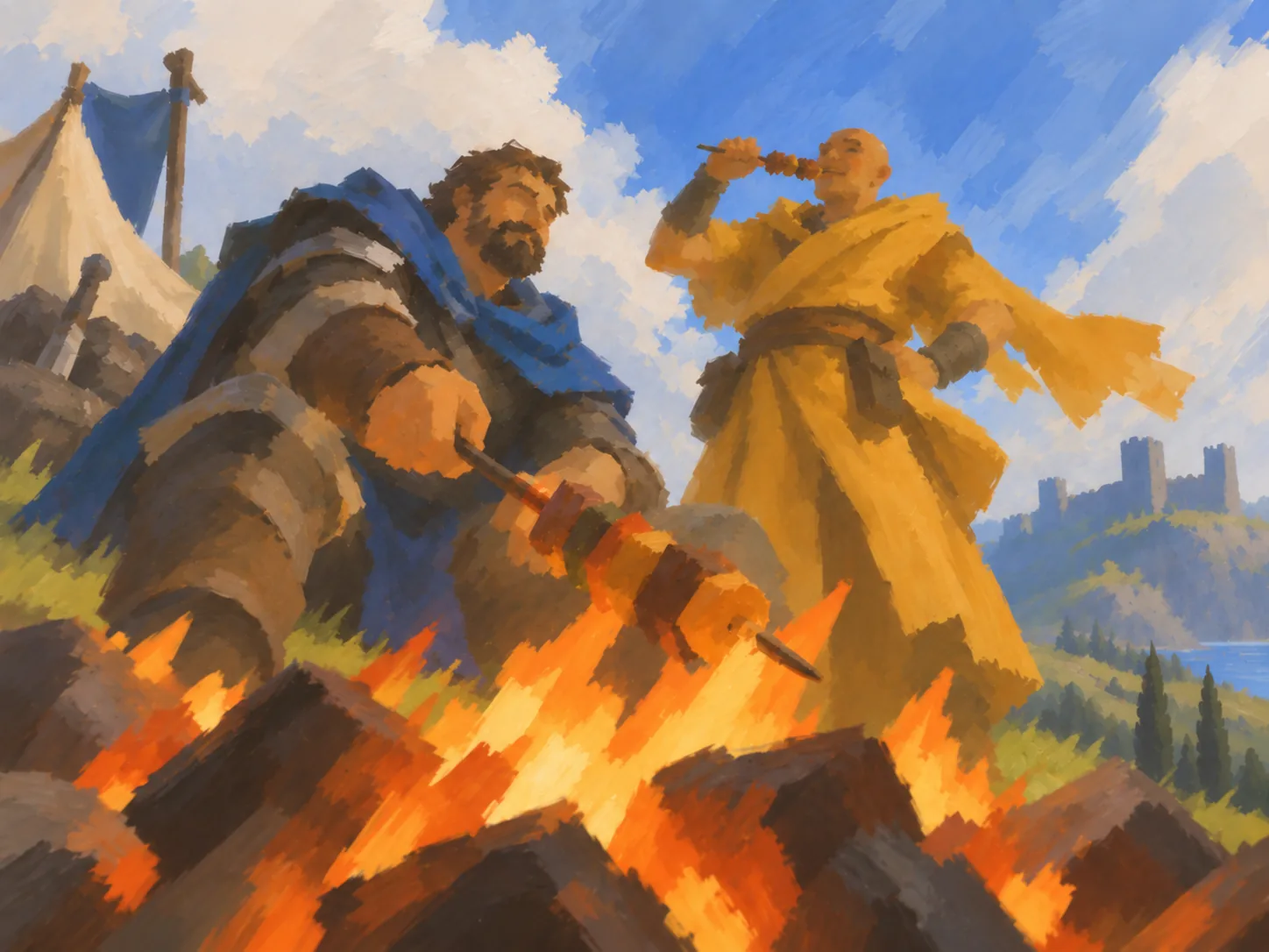 Painted EverEmber scene of two travelers beside a campfire under a bright sky