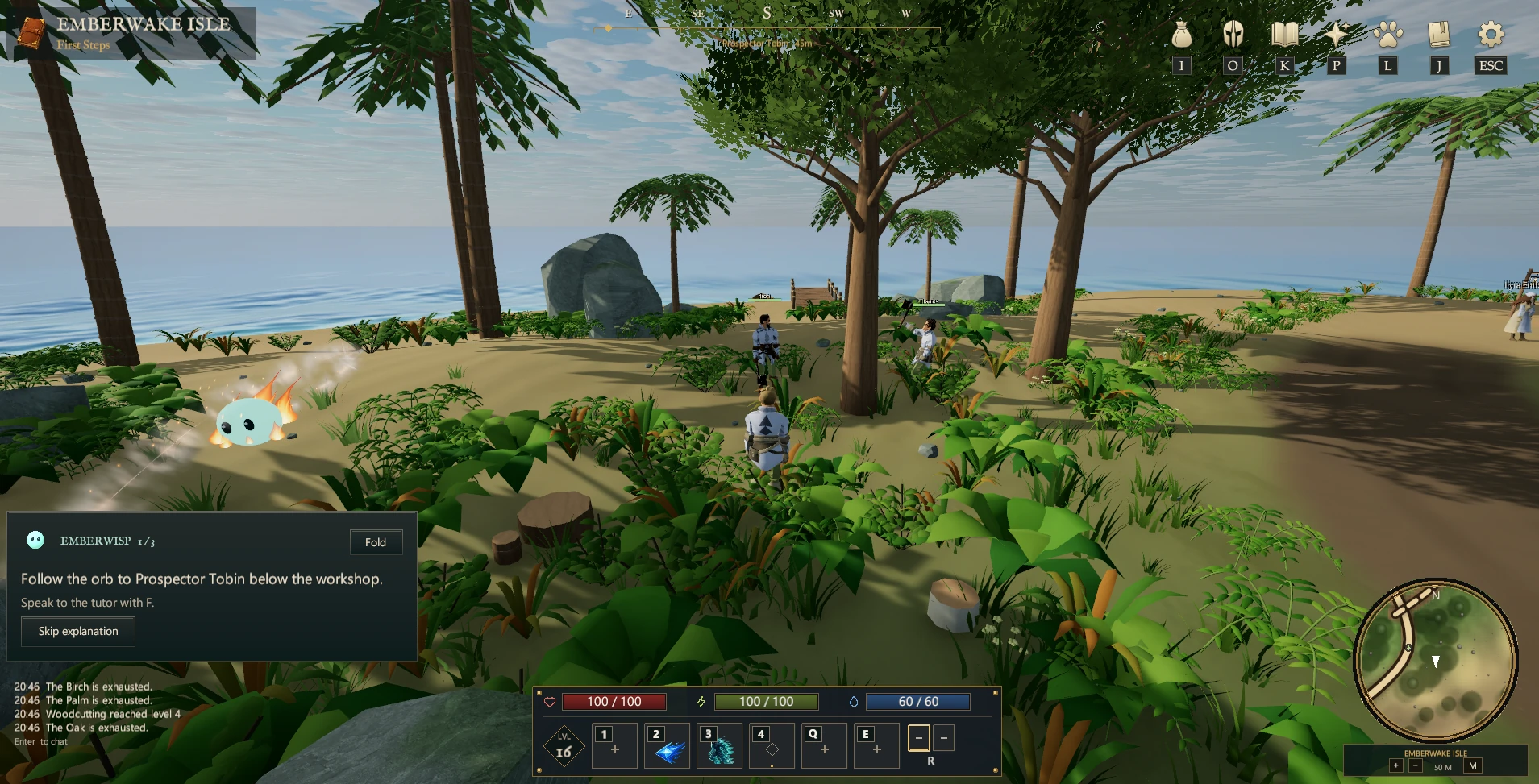 A player crosses the tropical plants and trees of Emberwake Isle during the opening tutorial
