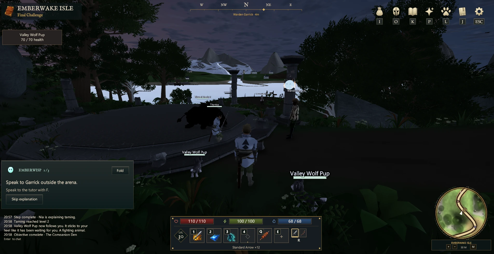 A player and a Valley Wolf Pup companion on Emberwake Isle at dusk during the taming tutorial