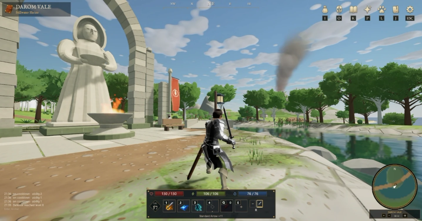A player in armor walks past the riverside shrine in Darom Vale in an EverEmber gameplay capture